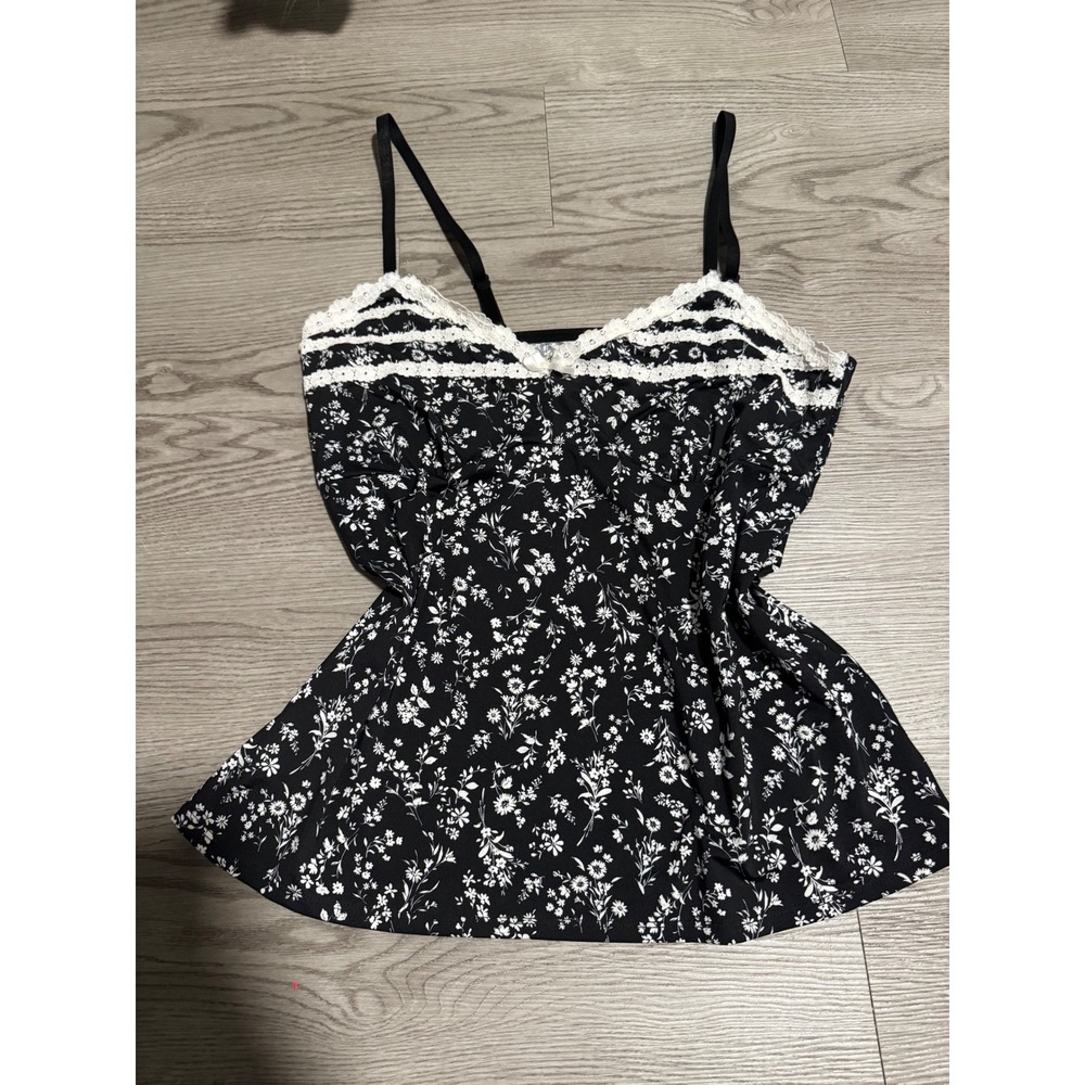 Laura Ashley Floral Cami Top Black White Lace‎ Trim Sleeveless Tank Blouse sz XL